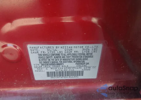 2016 Nissan Versa 1.6 S/1.6 S+/1.6 Sl/1.6 Sv z USA, uszkodzony, nr VIN 3N1CN7AP0GL866221